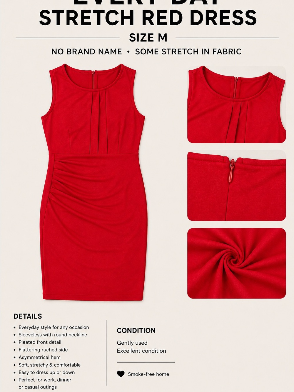 Sleeveless Red Sheath Dress with Pleated Front